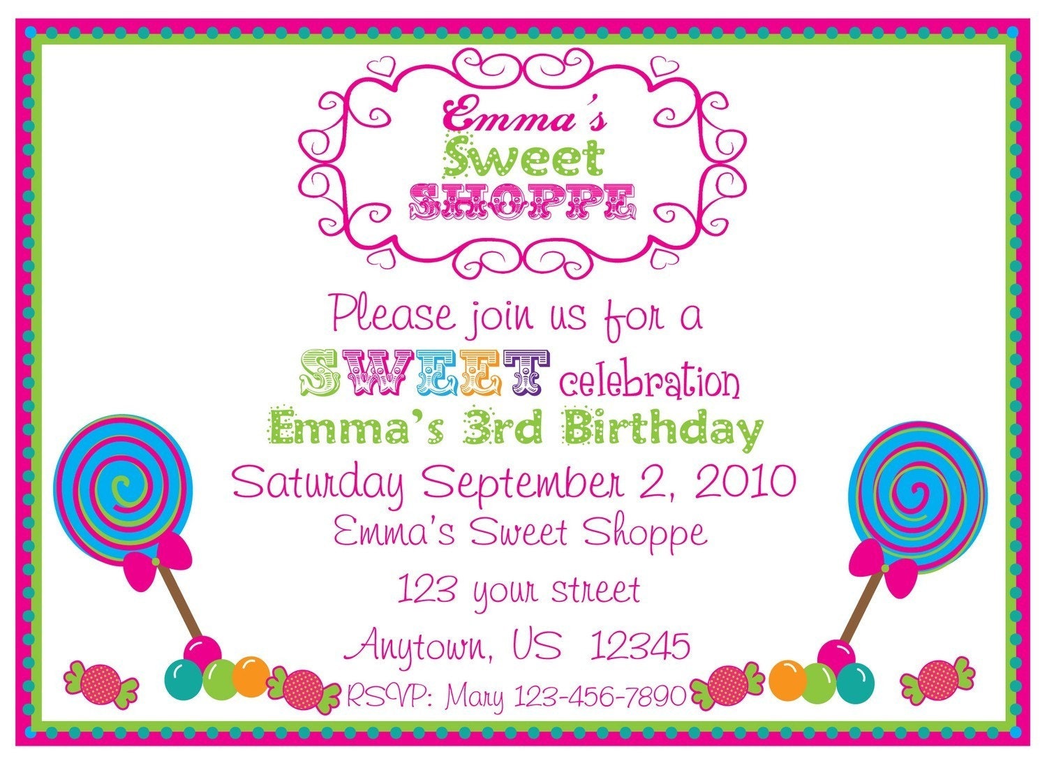 Candy Shoppe Birthday Party Invitations