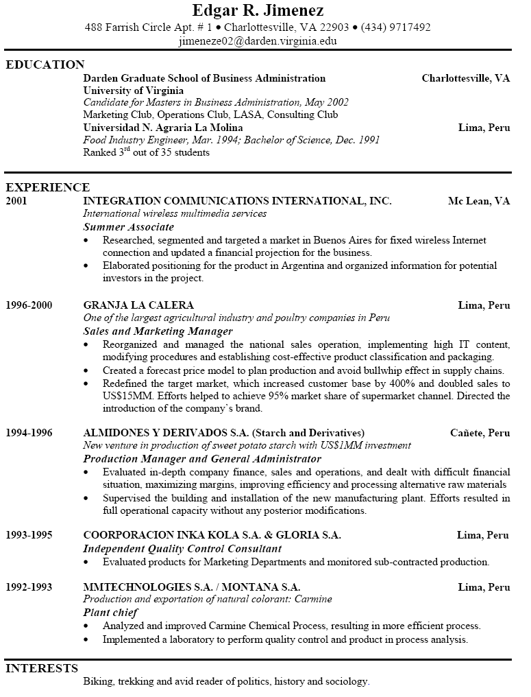 Example Format Of Resume For Job