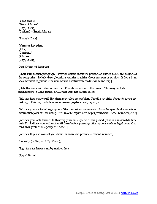 Formal Letter Of Complaint To A Company