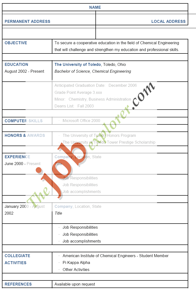 Format Of Resume For Freshers Engineers