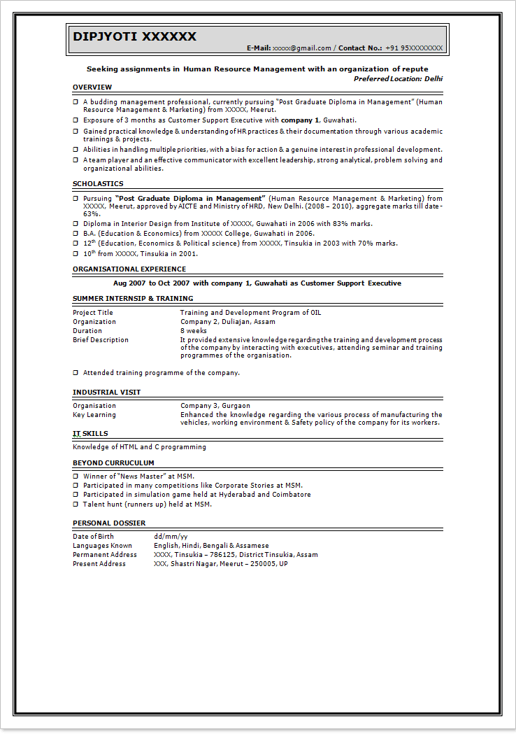 Format Of Resume For Freshers Engineers