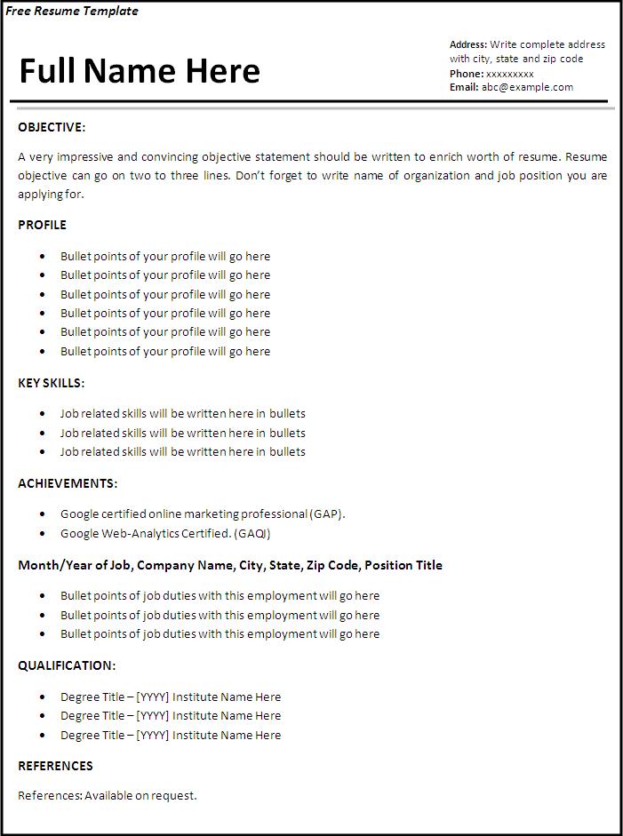 Format Of Resume For Job Free Download