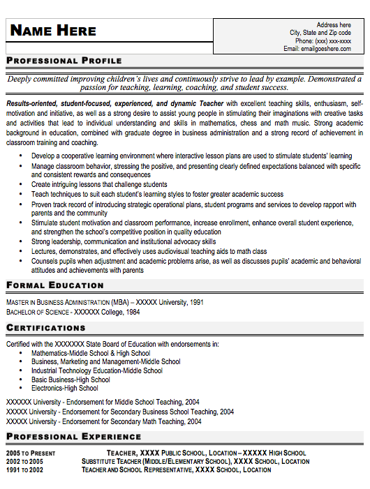 Format Of Resume For Teacher