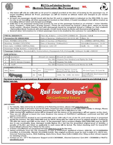 Indian Railway Reservation Ticket