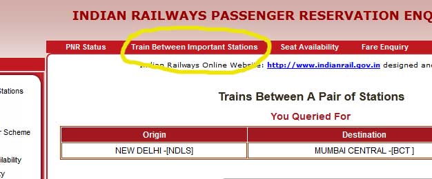 Indian Railway Trains Between Important Stations