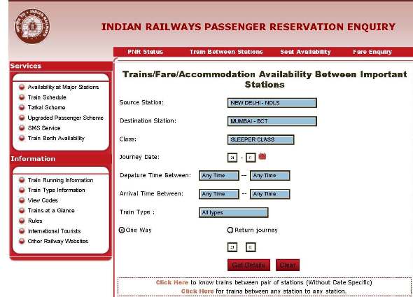 Indian Railway Trains Between Important Stations
