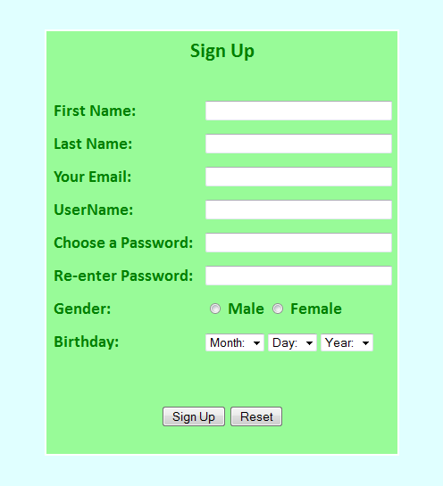 Registration Form In Html